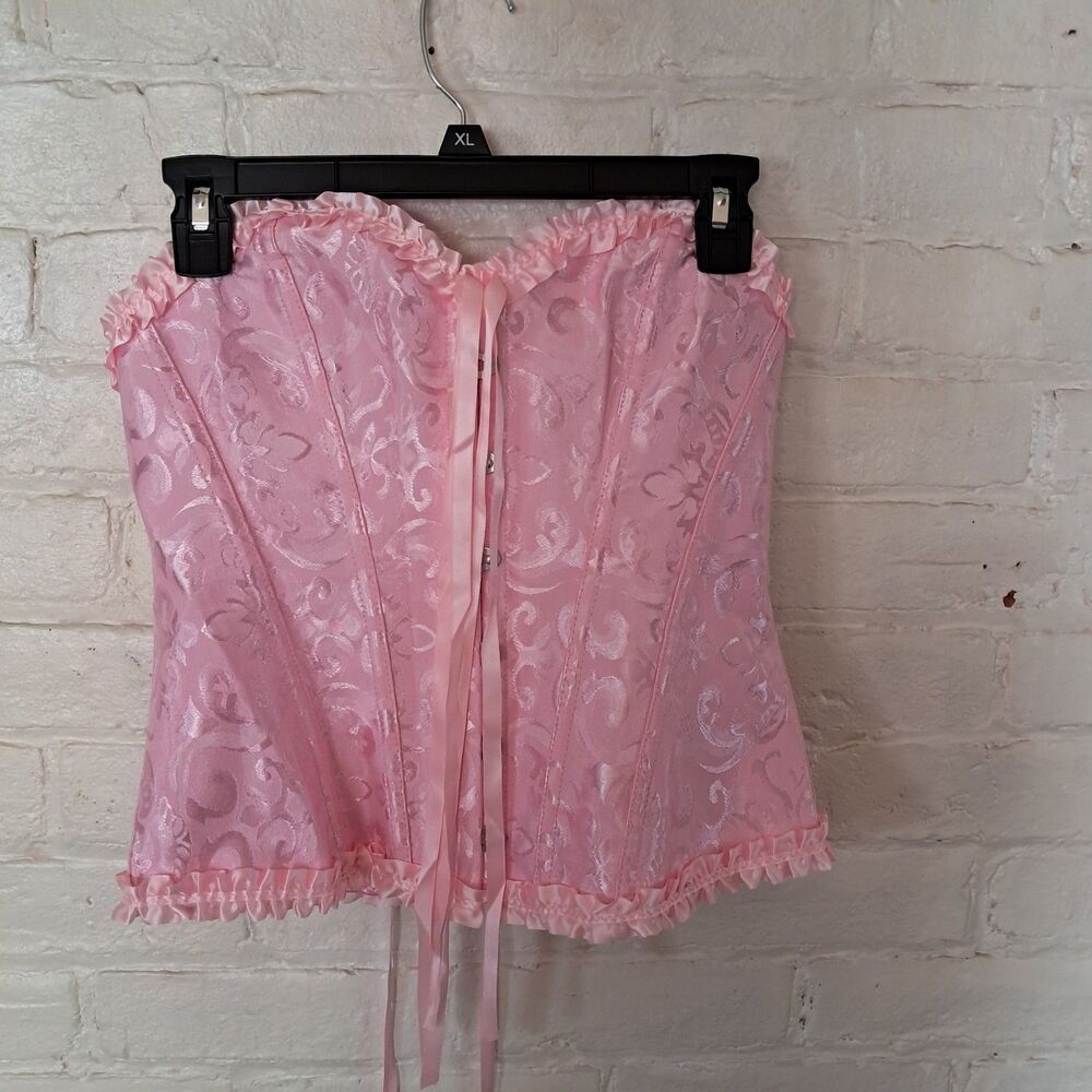 Pink Brocade Corset Top Lace Up Back Ruffle Trim Victorian Bustier Cosplay Sz L
